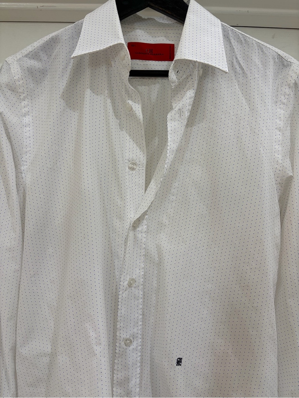 Carolina Herrera CH White Blue Micro Dot Dress Shirt Men’s 15.5 Luxury Button - Picture 2 of 7